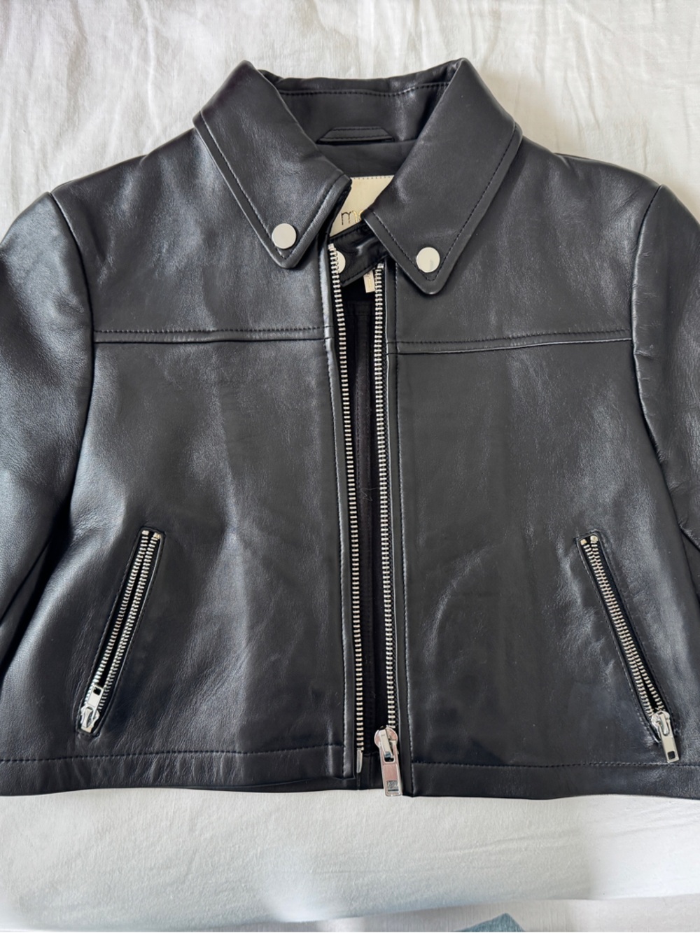 Maje Black Leather Zip-Front Moto Jacket
